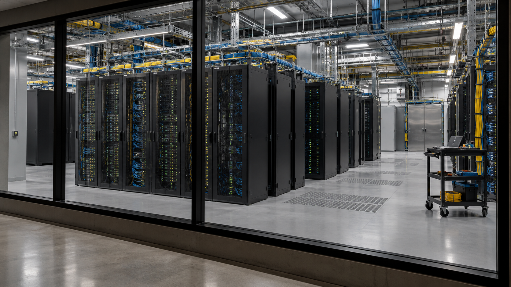 A quiet data-center aisle with servers and restrained natural light