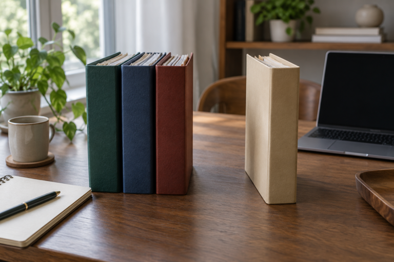 Three plain folders grouped together beside a separate folder and a powered-off laptop
