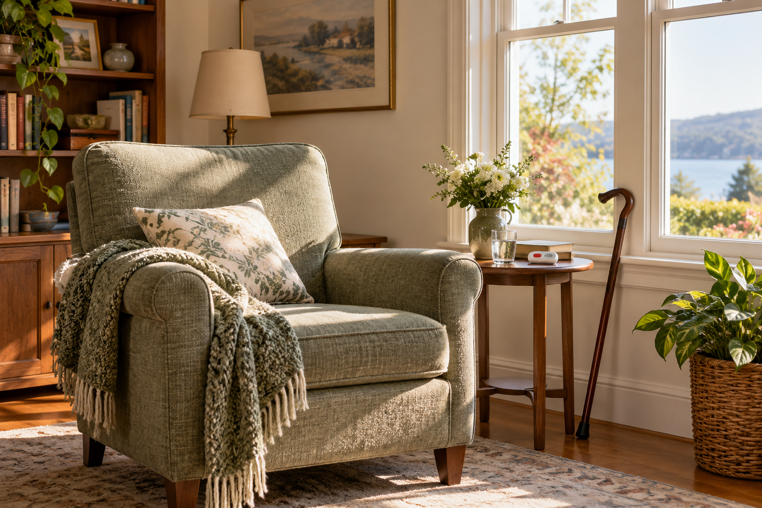 An empty chair, walking cane and call device in a naturally lit living space
