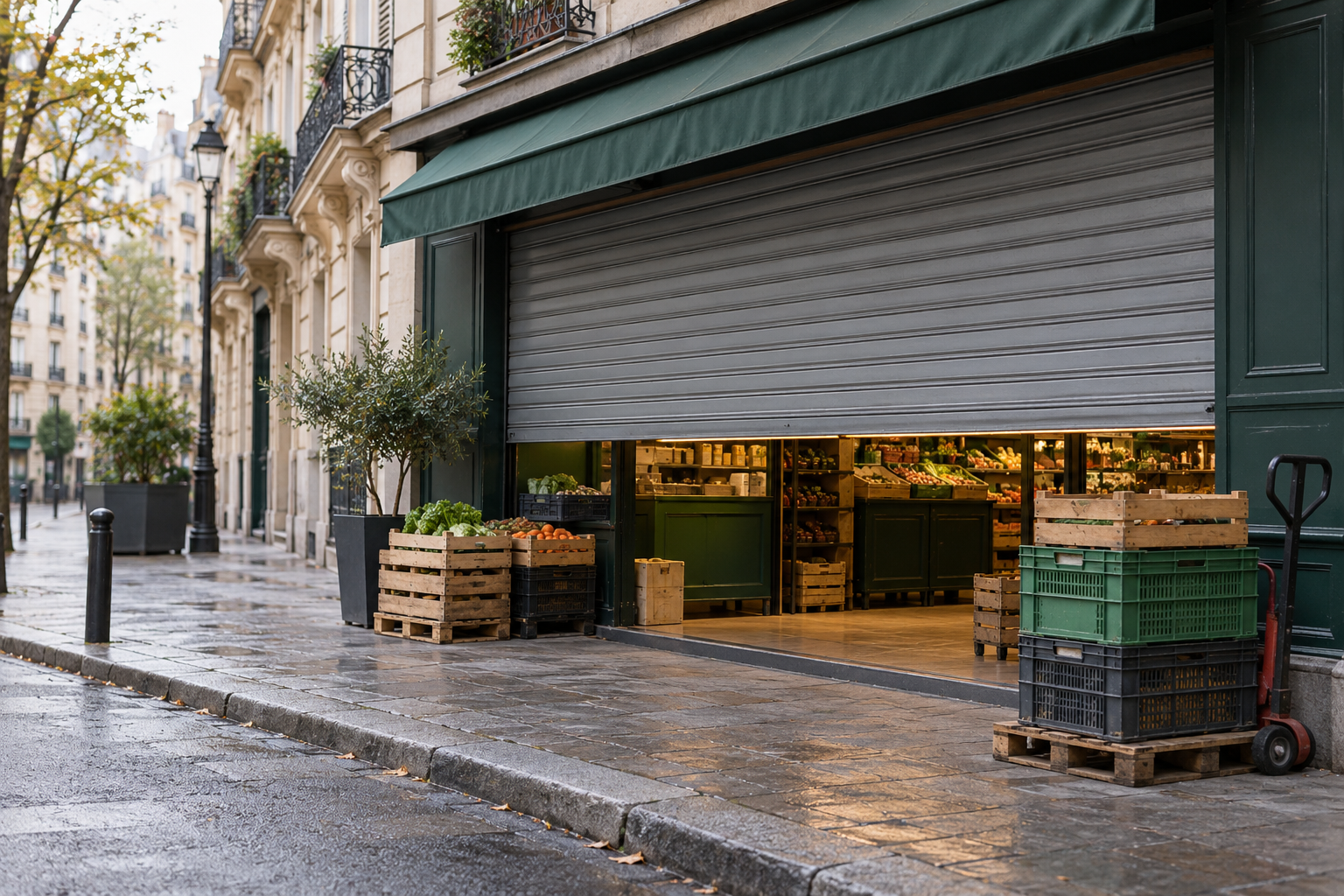 A partly lowered shutter at an empty, generic European-style grocery store