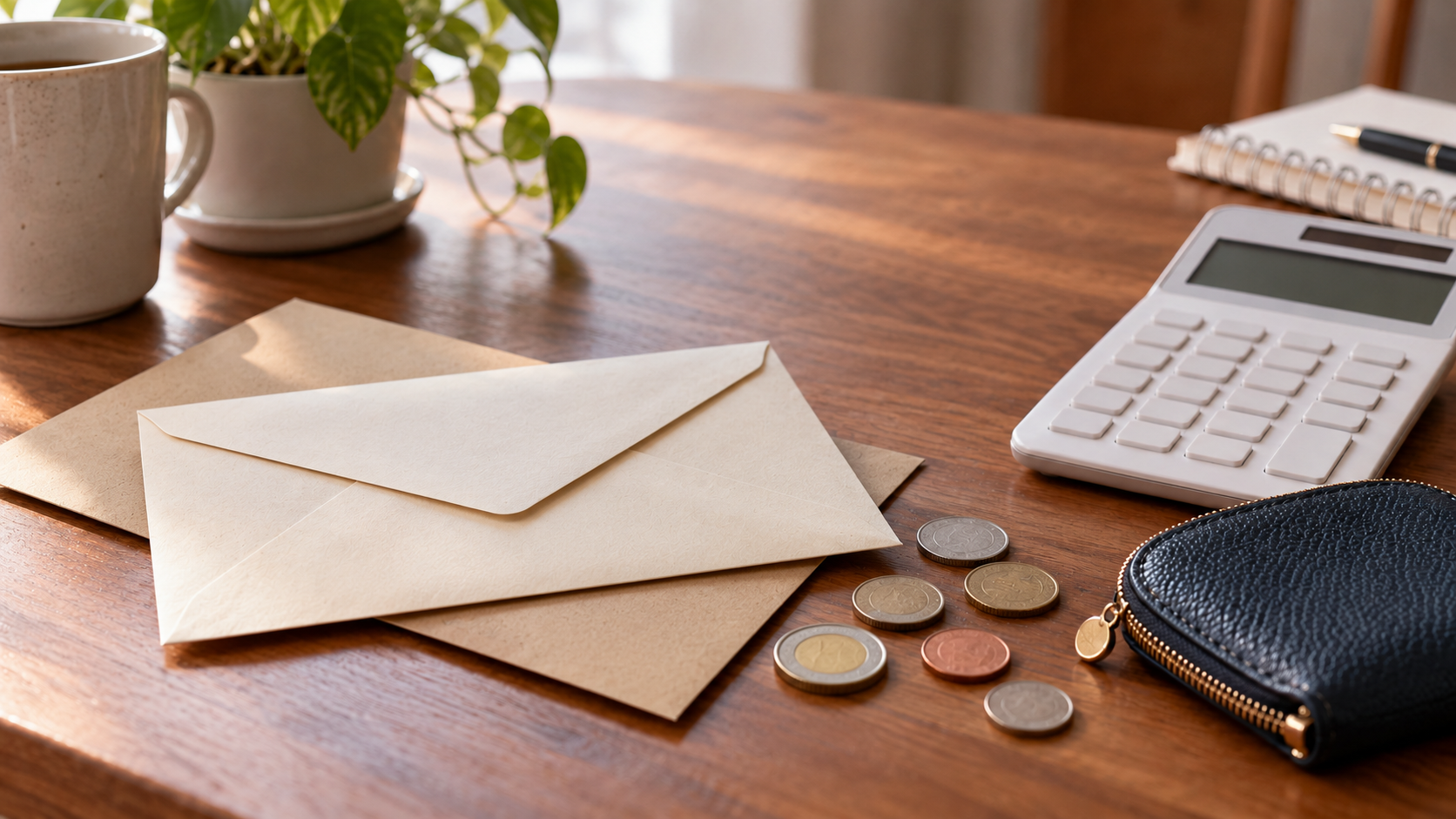 Plain envelopes, unmarked coins and a blank-screen calculator on a home desk