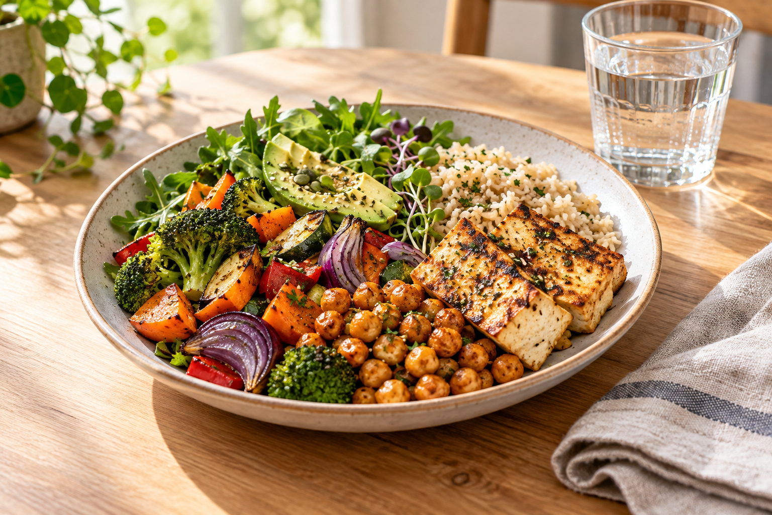 A balanced plate of vegetables, brown rice, tofu and chickpeas — AI-generated image