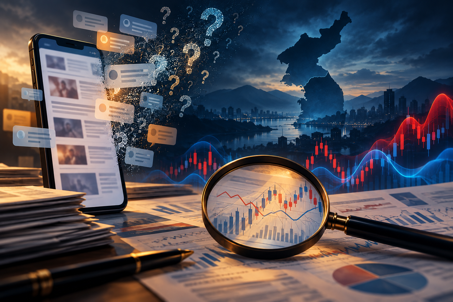 AI-generated concept illustration of unverified news, the Korean peninsula and investment analysis