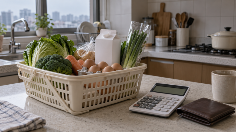 A grocery basket and calculator on a quiet kitchen table
