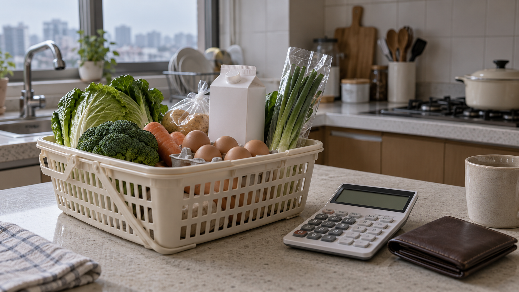 A grocery basket and calculator on a quiet kitchen table