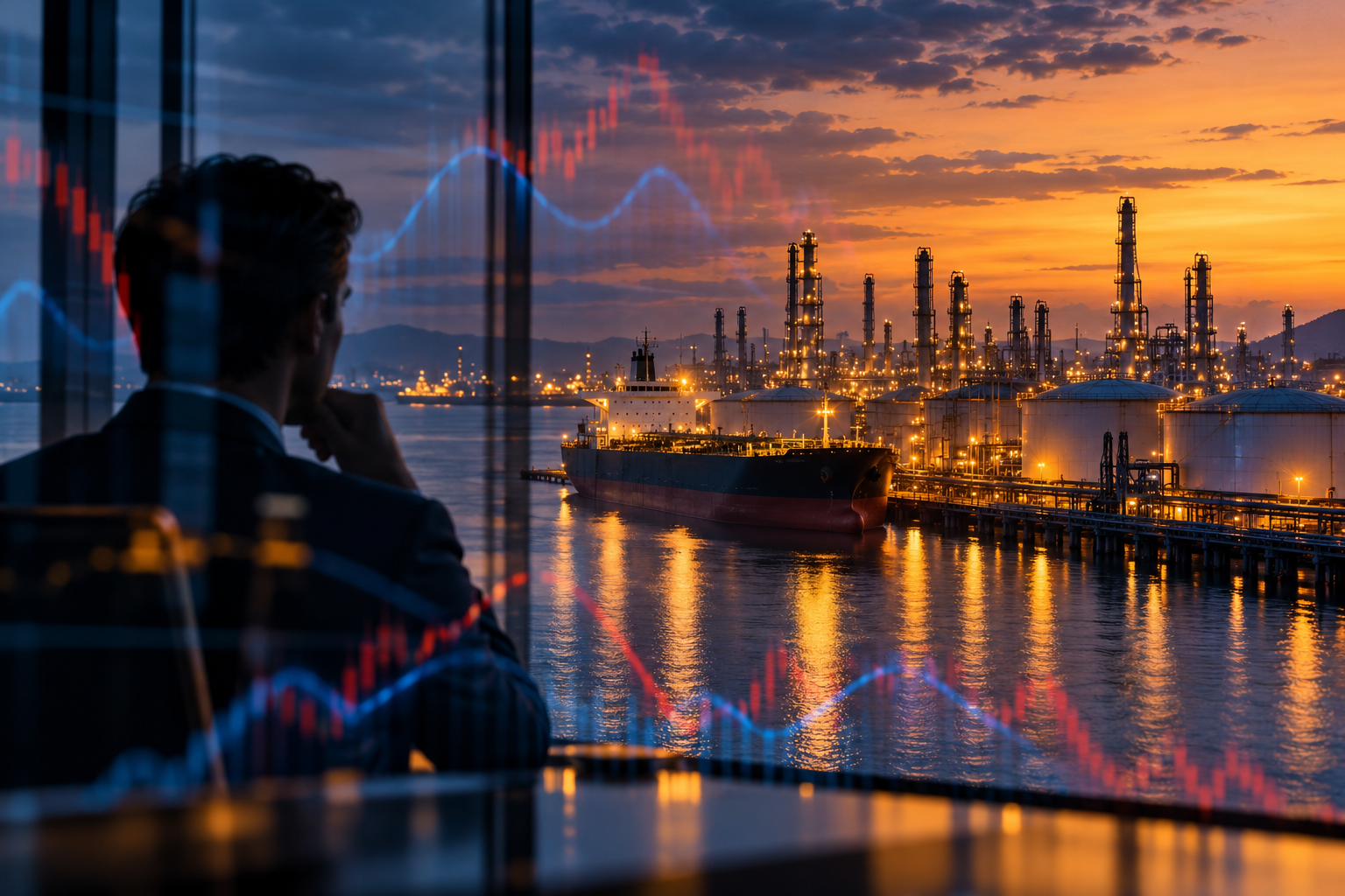 AI-generated concept illustration of an oil tanker, refinery and investor uncertainty