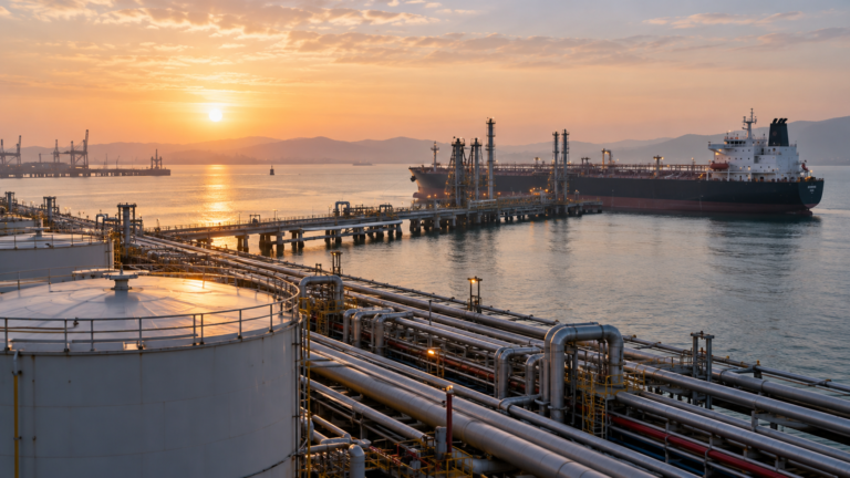 An oil tanker and harbor infrastructure under soft overcast light