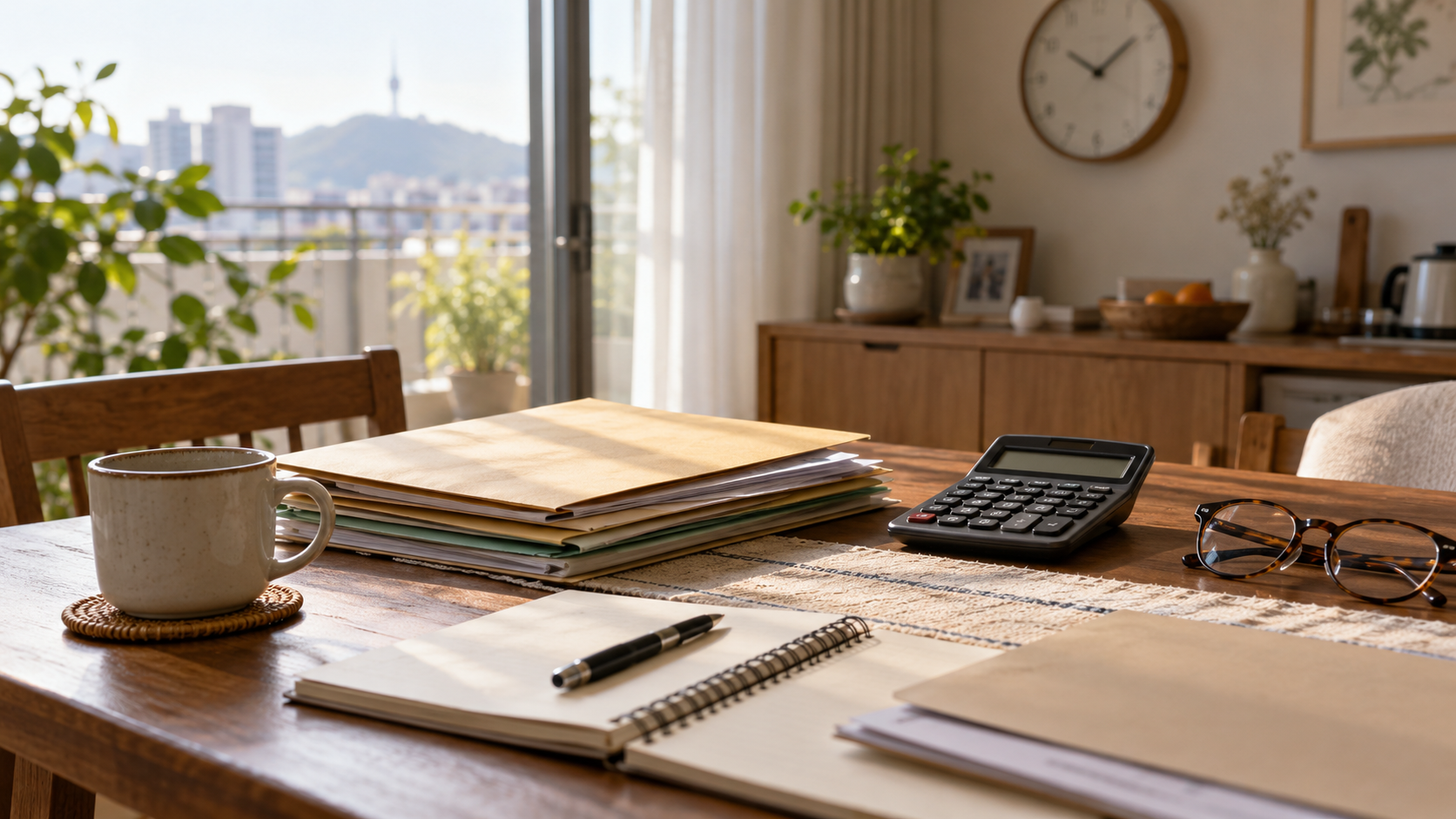 Plain retirement-planning folders and a calculator on a home desk