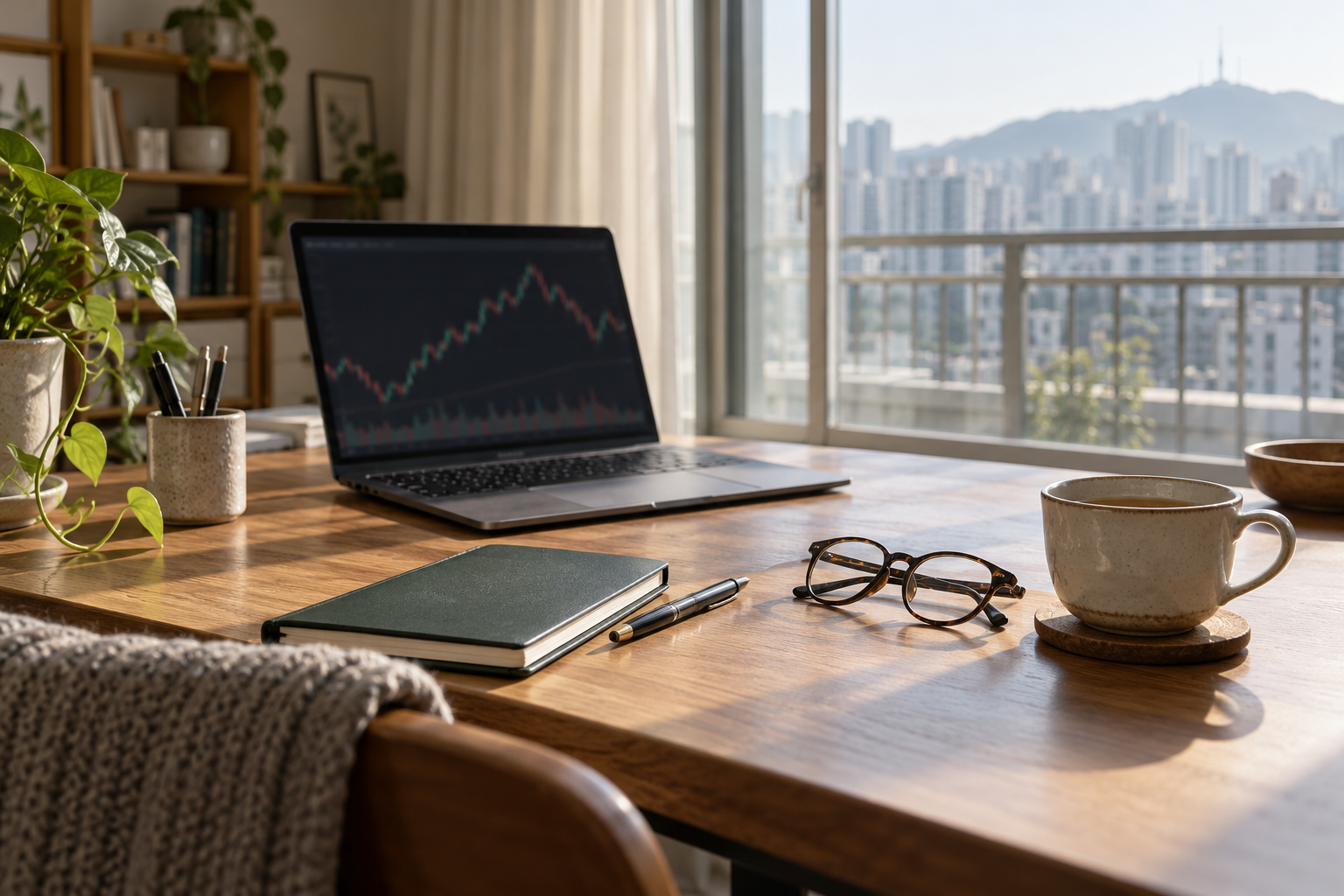 A blurred market screen and blank notebook on a home desk
