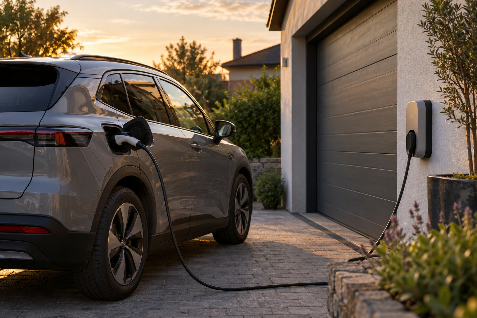 An unbranded electric car connected to a residential charging point