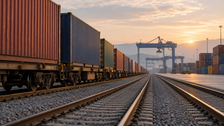 Rail freight containers and tracks in a quiet logistics yard